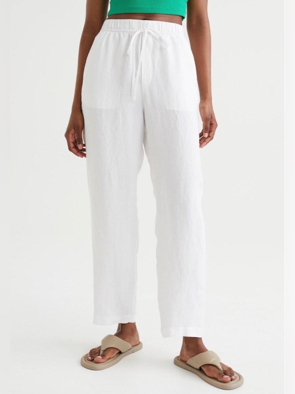 H&M White Linen Pants Cropped Elastic-Waist Tapered Classic Fit